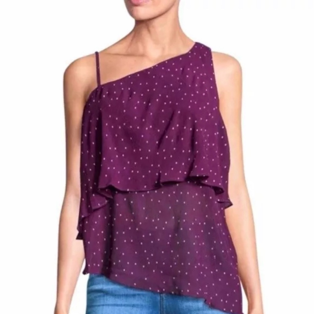 Parker Sleeveless Asymmetrical Tiered Polka Dot Blouse in Dark Purple Size XS